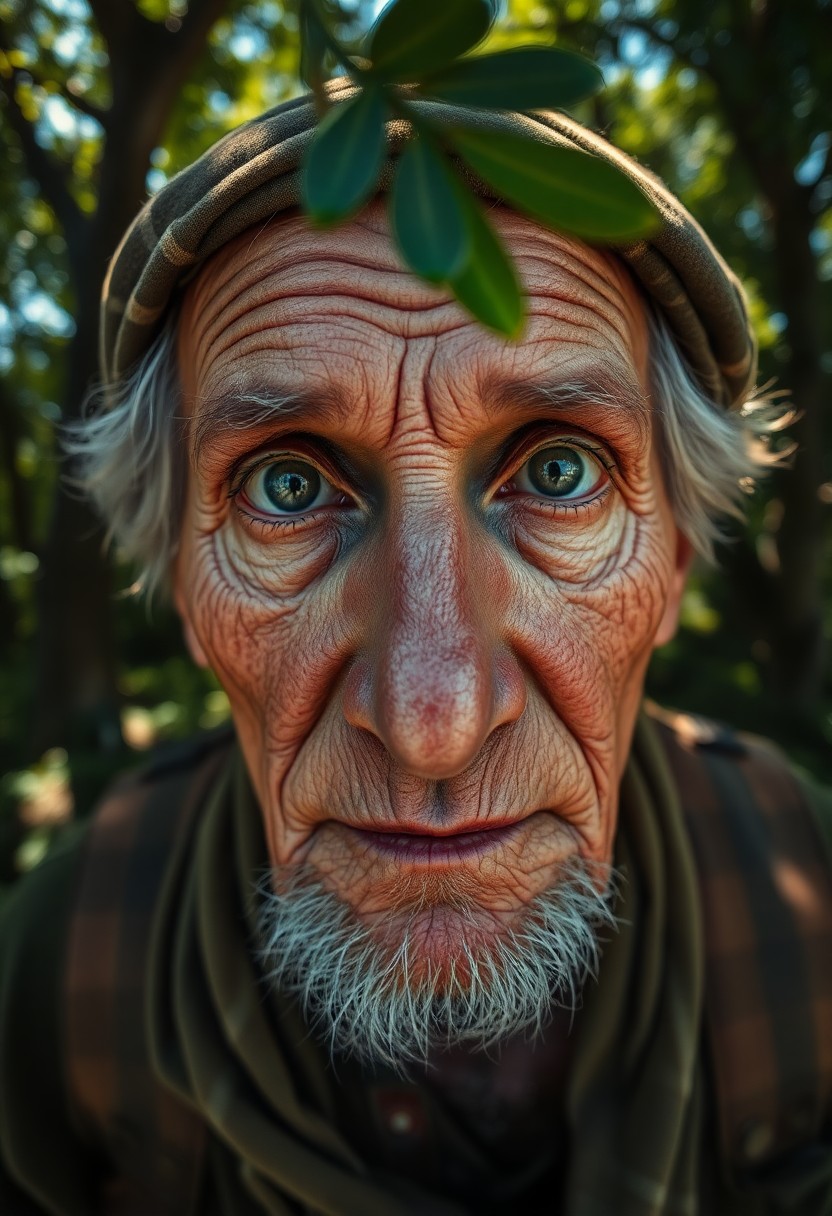 AI generated art for prompt: Imagine a portrait photograph of an aged, shabby-chic traveler, bathed in soft sunlight filtering th