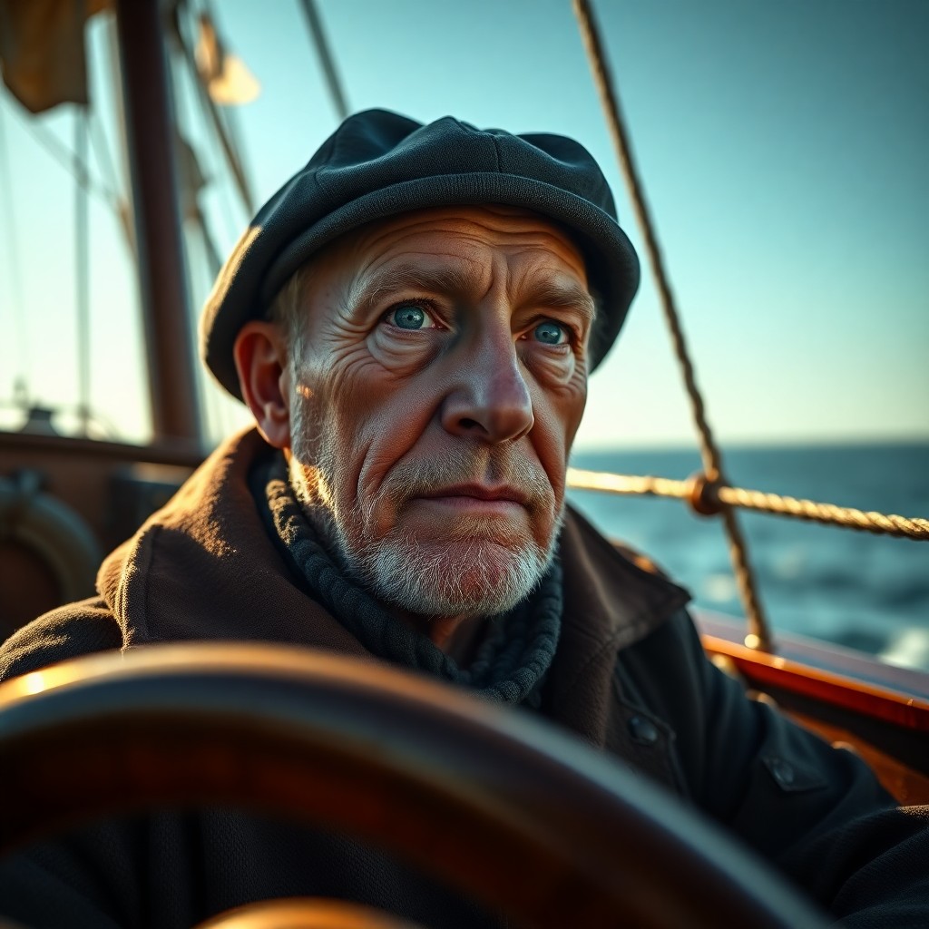 AI generated art for prompt: A photorealistic portrait of an enigmatic old sea captain with compassionate blue eyes and a rugged,