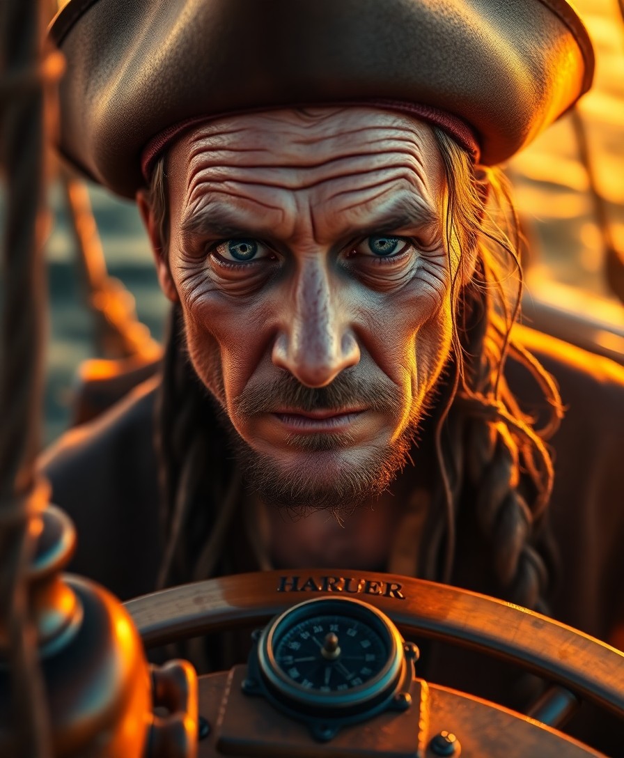 AI generated art for prompt: A portrait photograph, captured by a digital camera, depicts a seasoned pirate standing at the helm 