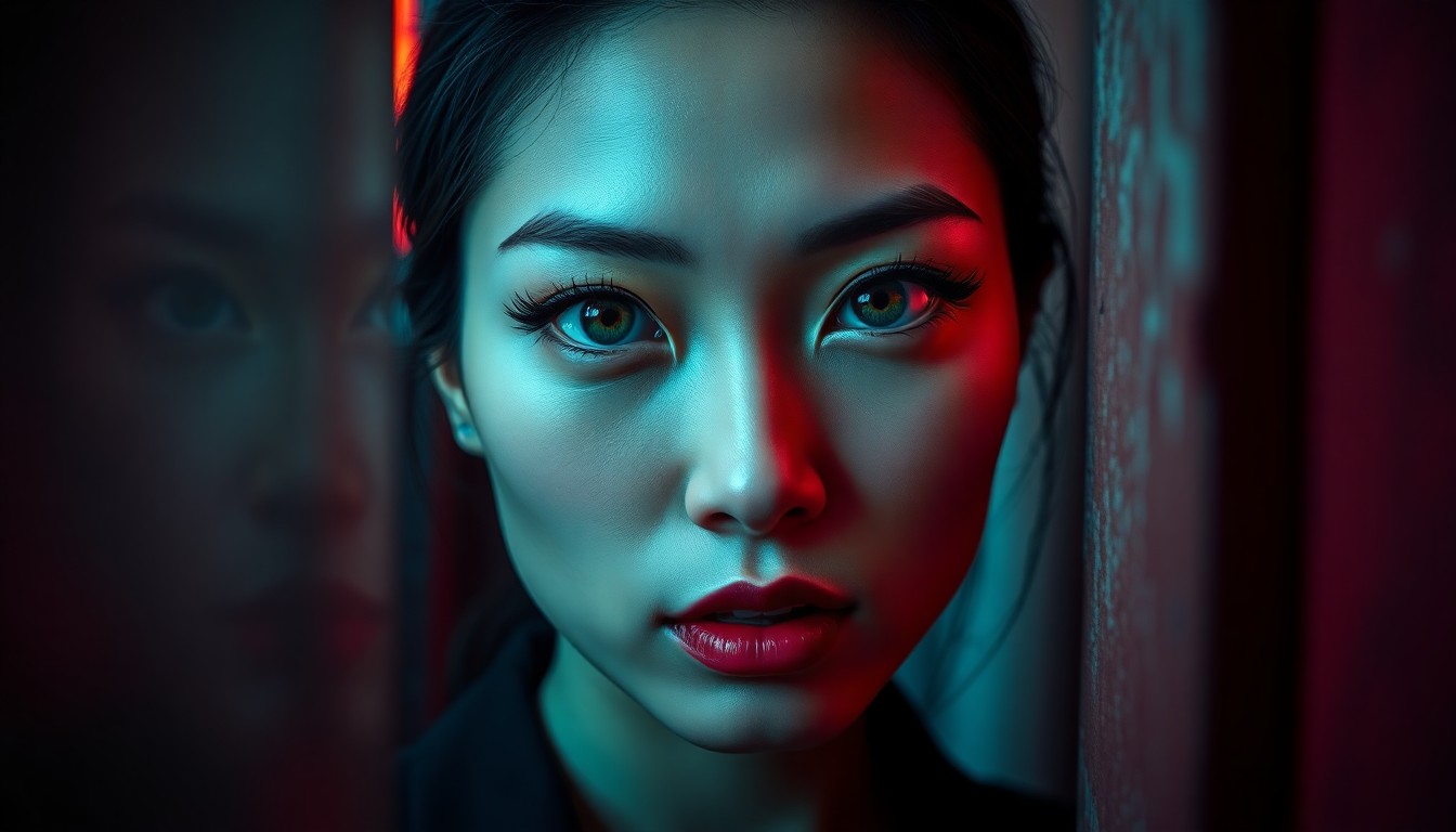 AI generated art for prompt: Create a contemporary digital art portrait of an enigmatic East Asian woman, her face captured in a 