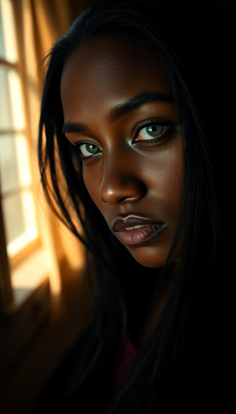 AI generated art for prompt: Imagine a photorealistic portrait of a Caribbean woman with kind green eyes and raven-black hair flo