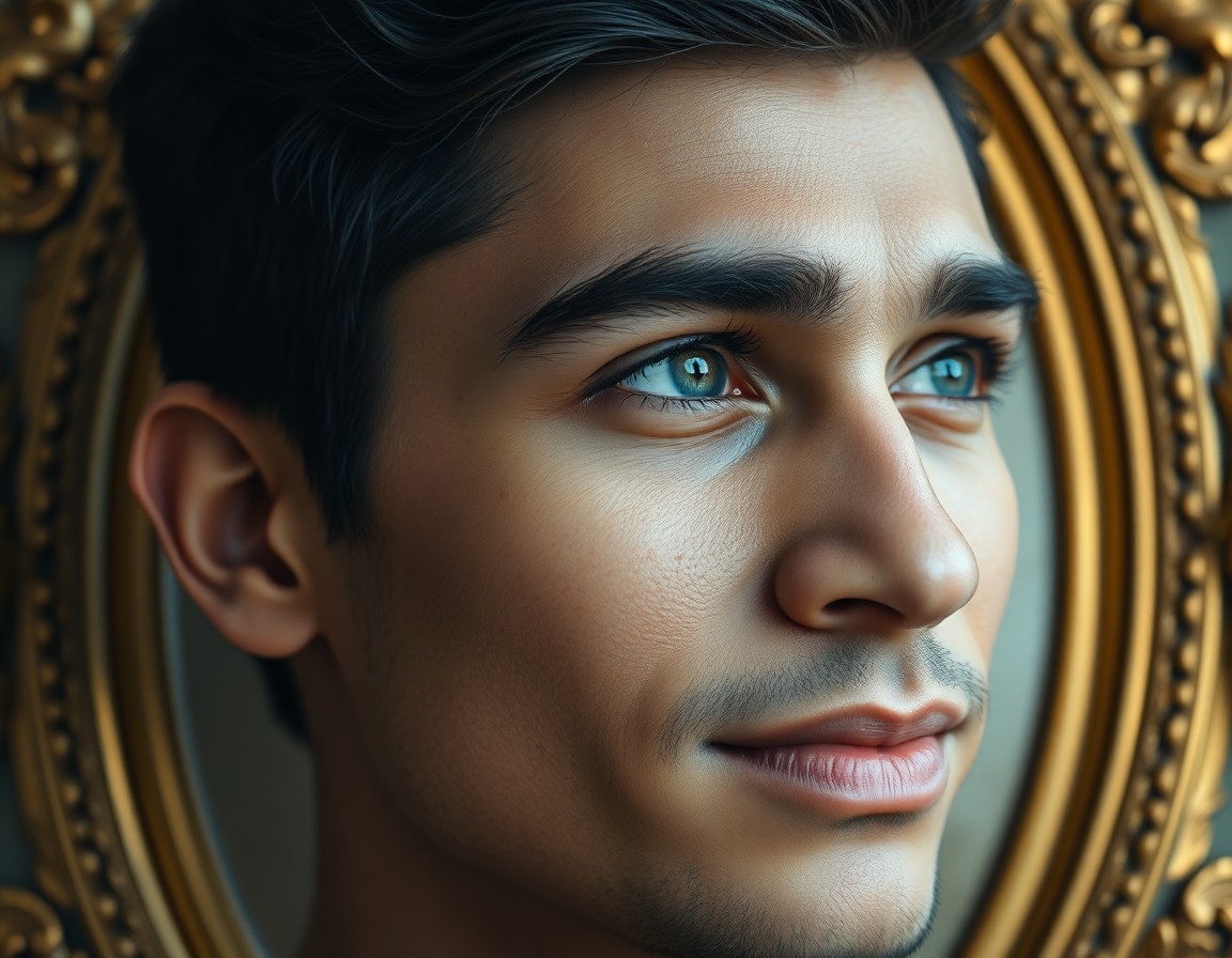 AI generated art for prompt: A hyperrealistic portrait of a young South Asian man with timid blue eyes and dark brown hair captur