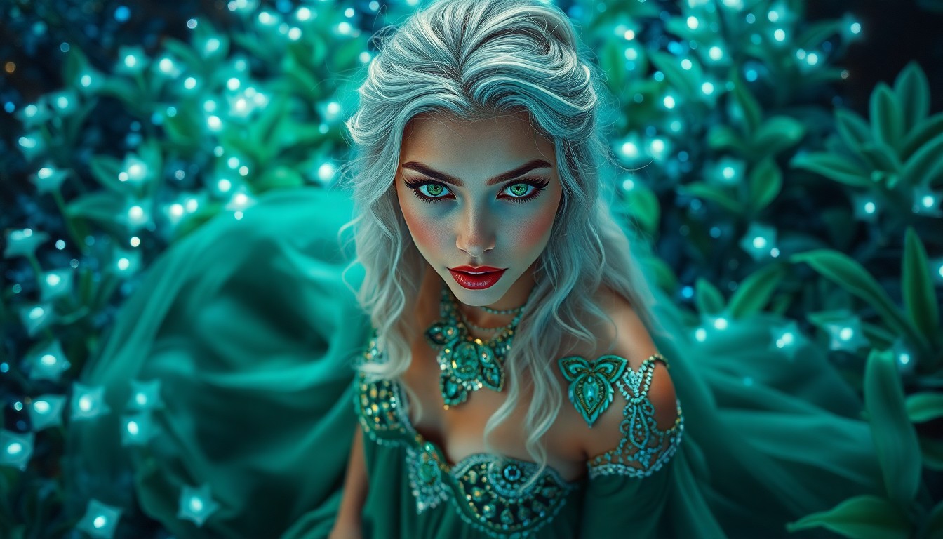 AI generated art for prompt: Capture the essence of an enchanting, ethereal portrait of an Amazonian woman with piercing green ey