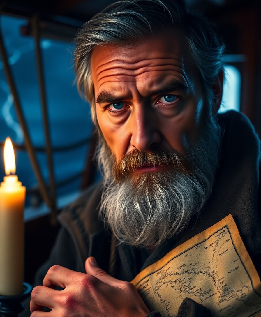 AI generated art for prompt: A portrait photograph captures an introspective sea captain with timid blue eyes and a graying beard