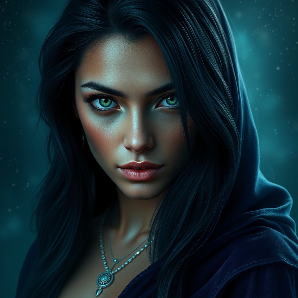 AI generated art for prompt: A captivating portrait in a digital art style depicts a mysterious Polynesian woman with piercing em