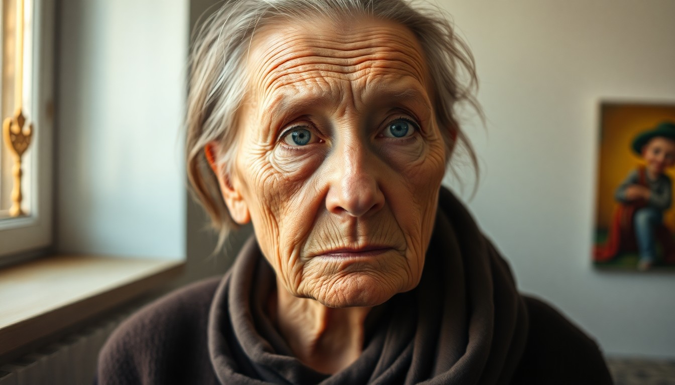 AI generated art for prompt: Create an intimate, high-resolution fine art portrait of an elderly Slavic woman with weary yet dete