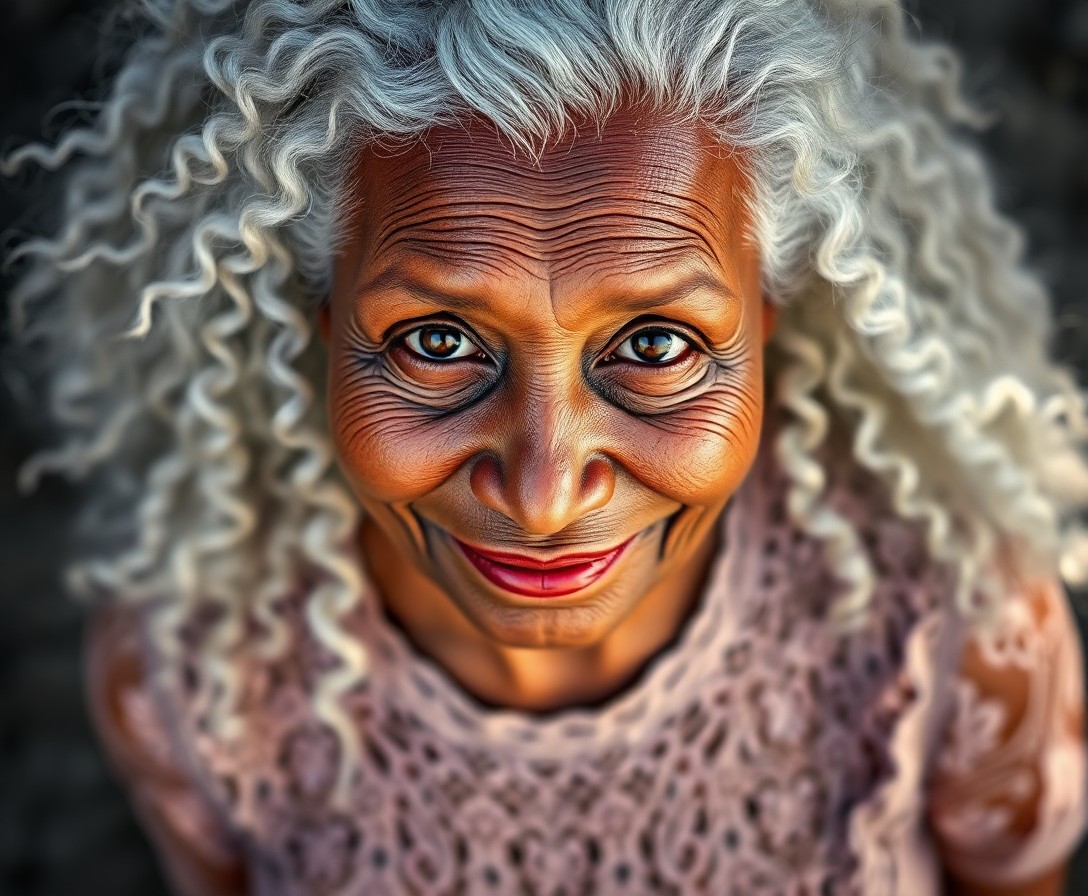 AI generated art for prompt: A portrait photograph captures an enchanting elderly Melanesian woman with warm hazelnut skin and in