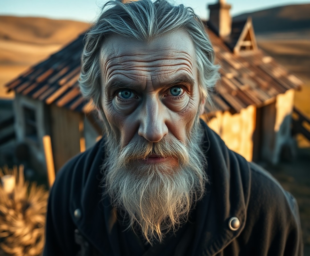 AI generated art for prompt: A portrait photograph captures an enigmatic old Celtic man with serene blue eyes and a rugged face. 