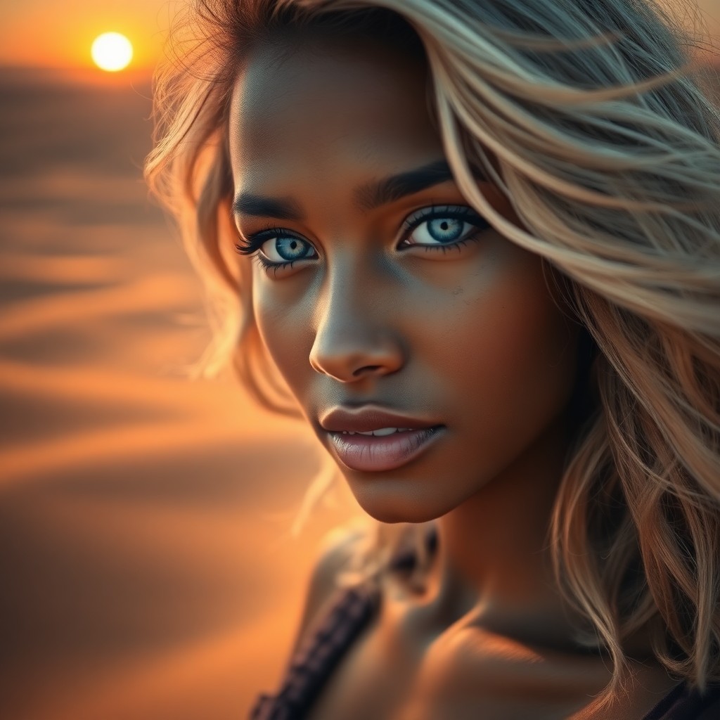 AI generated art for prompt: Imagine a captivating portrait of a young Caribbean woman with striking blue eyes and wavy, silver-s