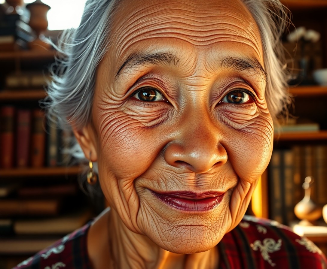 AI generated art for prompt: Create a photorealistic portrait of an elderly Pacific Islander woman, capturing her soulful gaze an