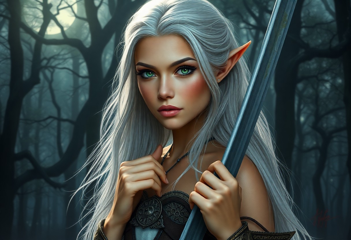 AI generated art for prompt: A superrealistic portrait depicts an enigmatic Micronesian elven warrior. She has long silver hair f