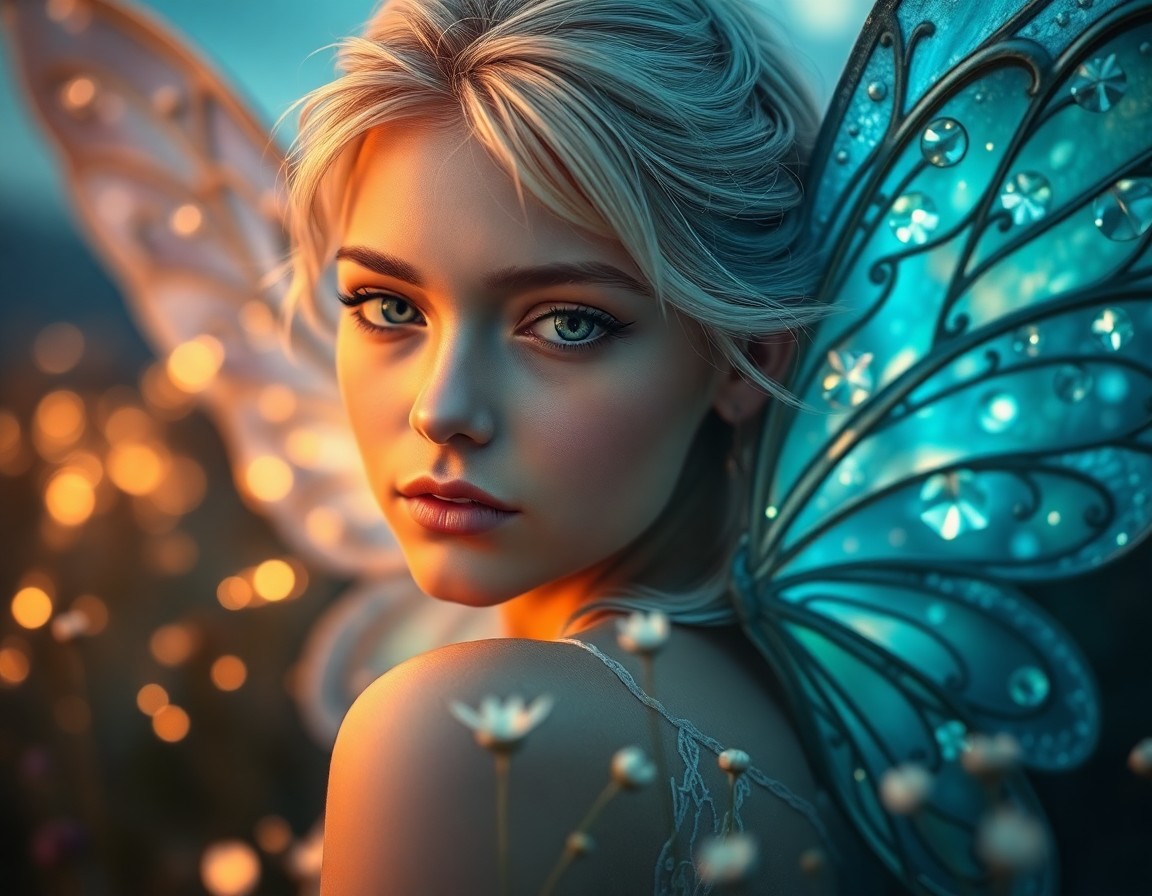 AI generated art for prompt: An enchanting close-up portrait of a celestial fae with iridescent wings that shimmer like opals in 