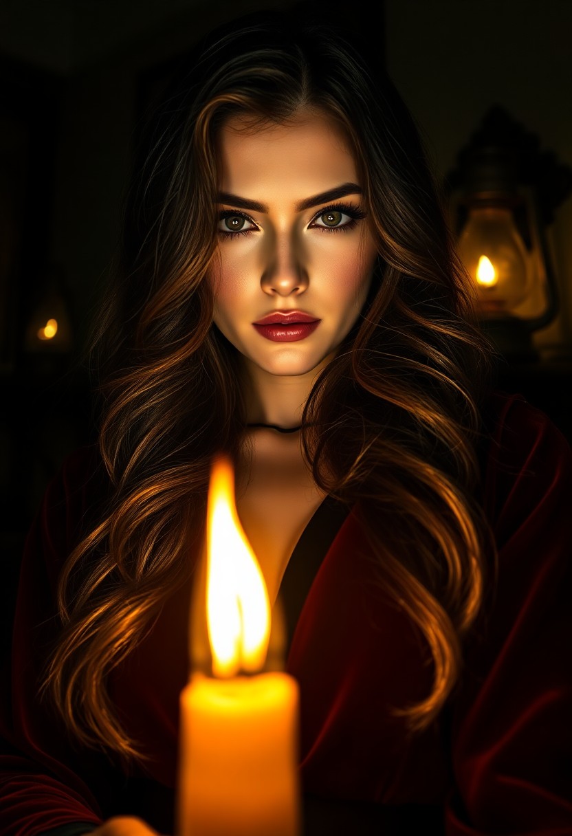 AI generated art for prompt: Envision a captivating, super-realistic portrait of a mysterious Southern European woman with deep, 