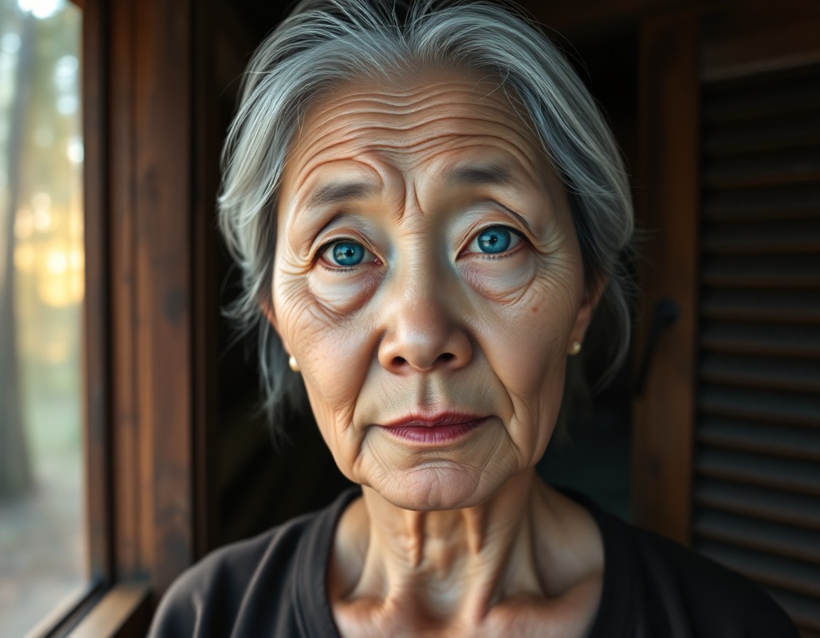 AI generated art for prompt: A hyperrealistic portrait captures the serene expression of an elderly East Asian woman with soft, w