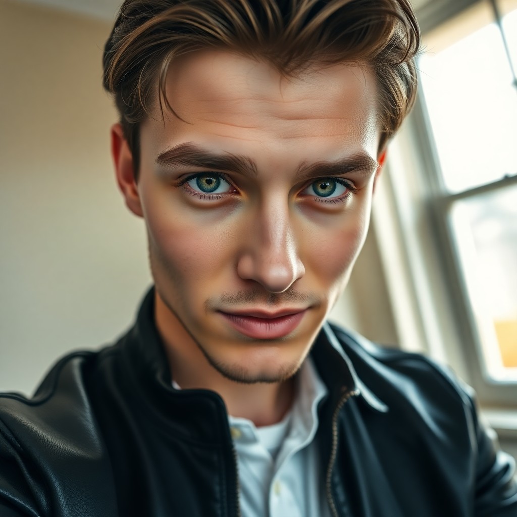 AI generated art for prompt: Create a portrait of a young Celtic man with striking green eyes and a chiseled jawline, photographe