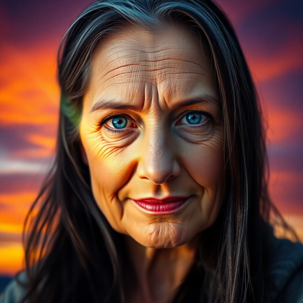 AI generated art for prompt: A portrait of a middle-aged Eastern European woman with serene blue eyes, lustrous black hair streak