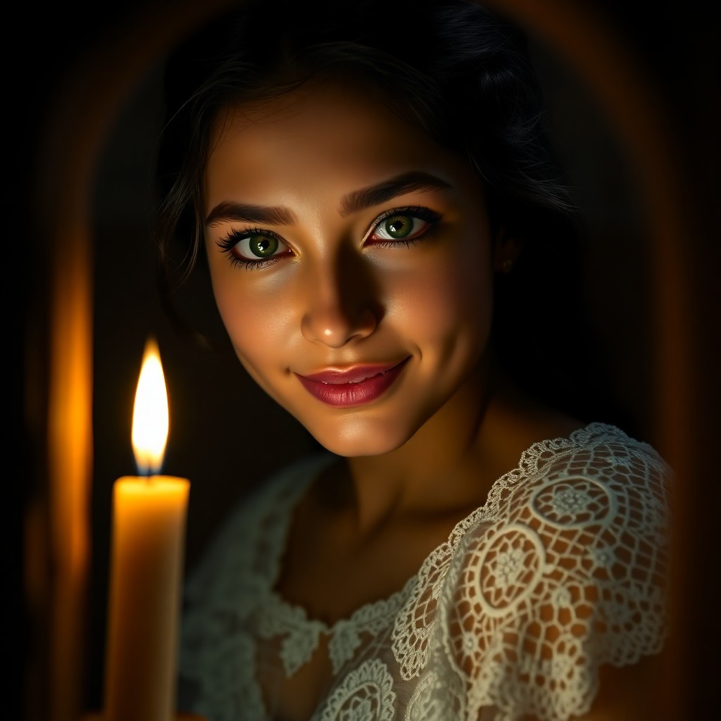 AI generated art for prompt: Create a photorealistic image in the style of Vermeer's intimate candlelit portraits, depicting a yo