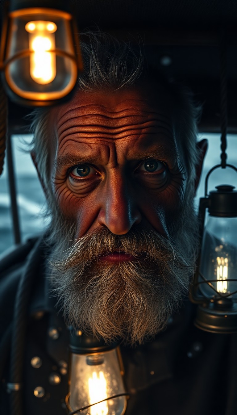 AI generated art for prompt: A portrait photograph captures an aging seafarer, his patinated skin and deep, knowing eyes rendered