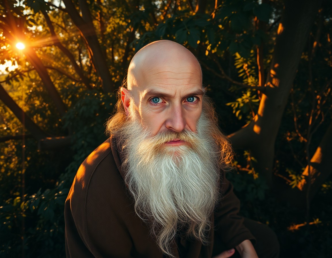 AI generated art for prompt: Imagine a captivating portrait of an aged hermit with shy blue eyes and a long white beard, deep in 