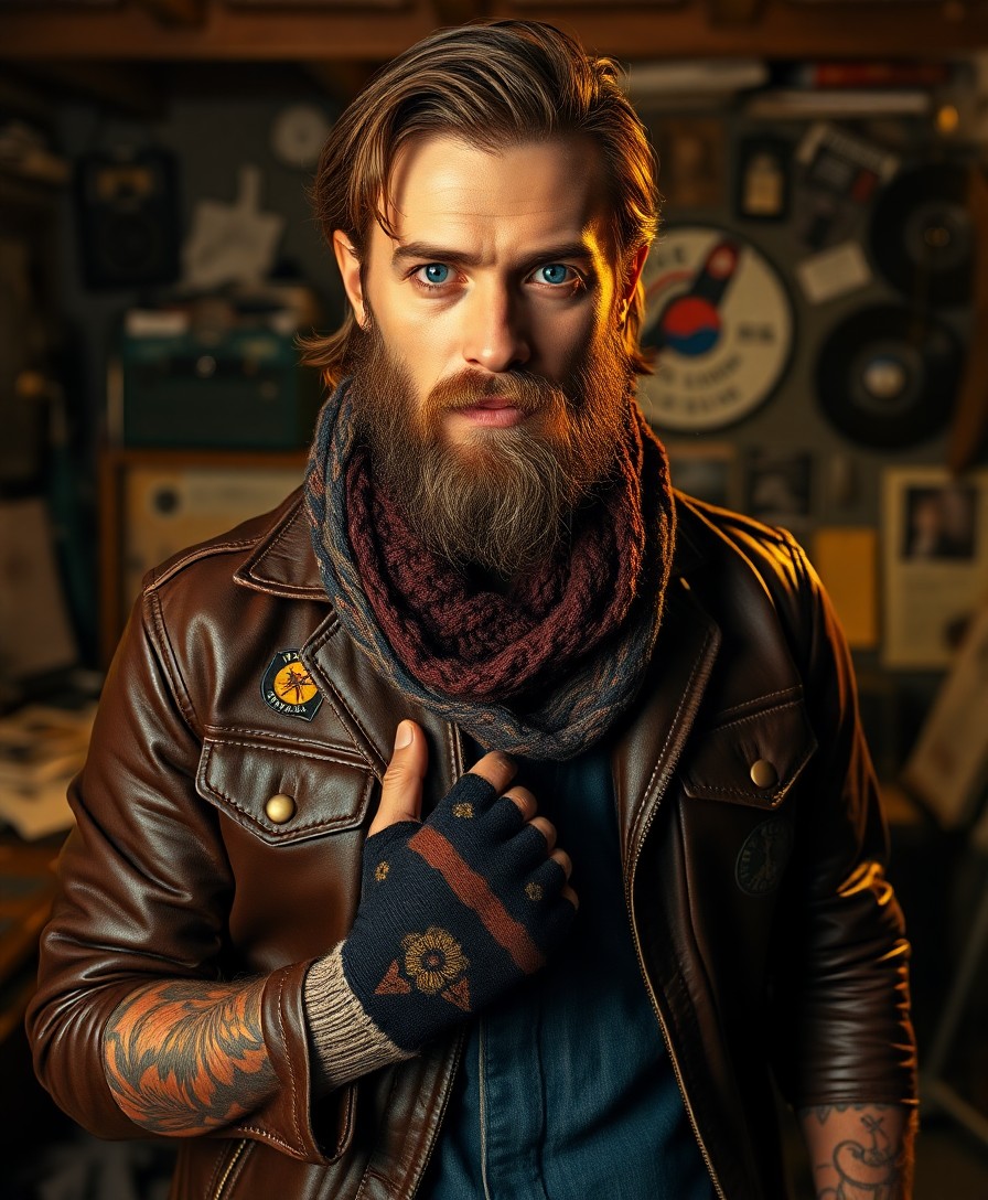 AI generated art for prompt: Create a photorealistic portrait of a charismatic musician with a rugged beard and intense blue eyes