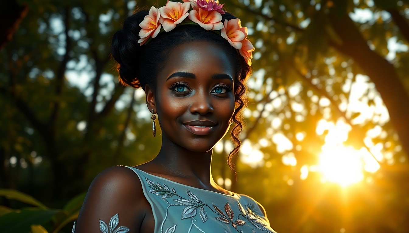 AI generated art for prompt: A hyperrealistic portrait of a 40-year-old Sub-Saharan African woman with captivating turquoise eyes