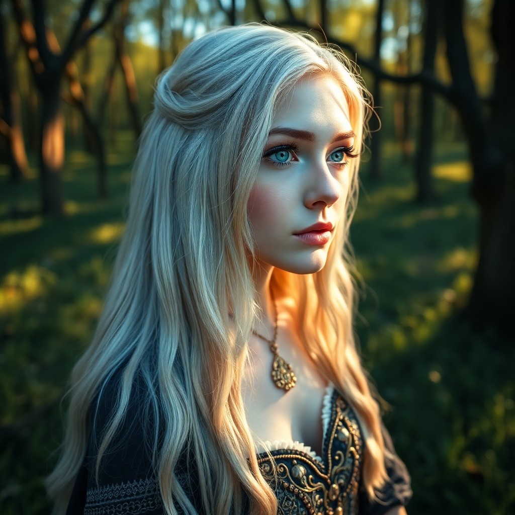 AI generated art for prompt: Create a hyperrealistic portrait of a Celtic woman, enigmatic and timeless. With long silver hair fl