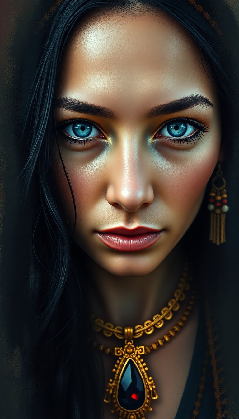 AI generated art for prompt: A captivating hyperrealistic portrait of a mysterious Native American woman emerges. Her gentle blue