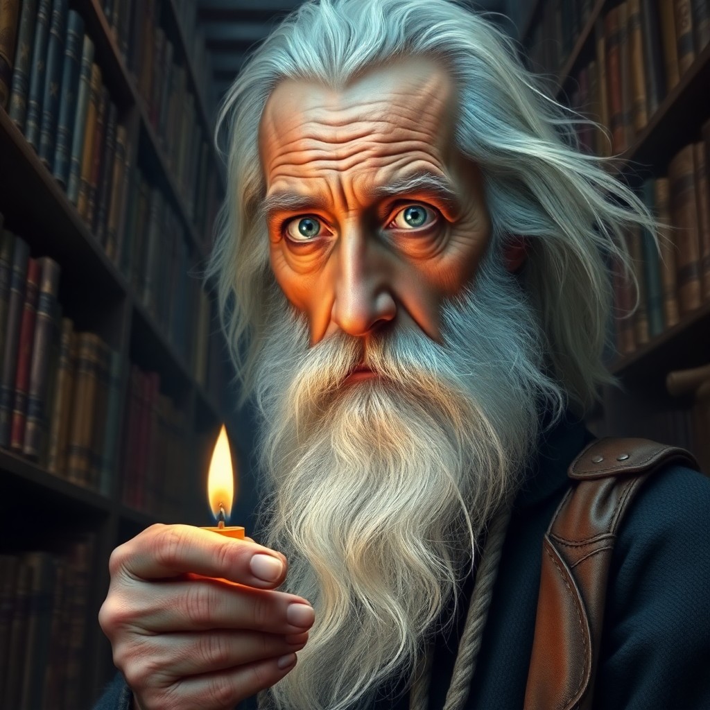 AI generated art for prompt: Create a photorealistic oil painting of a wise old sage with a weathered face and intense blue eyes,