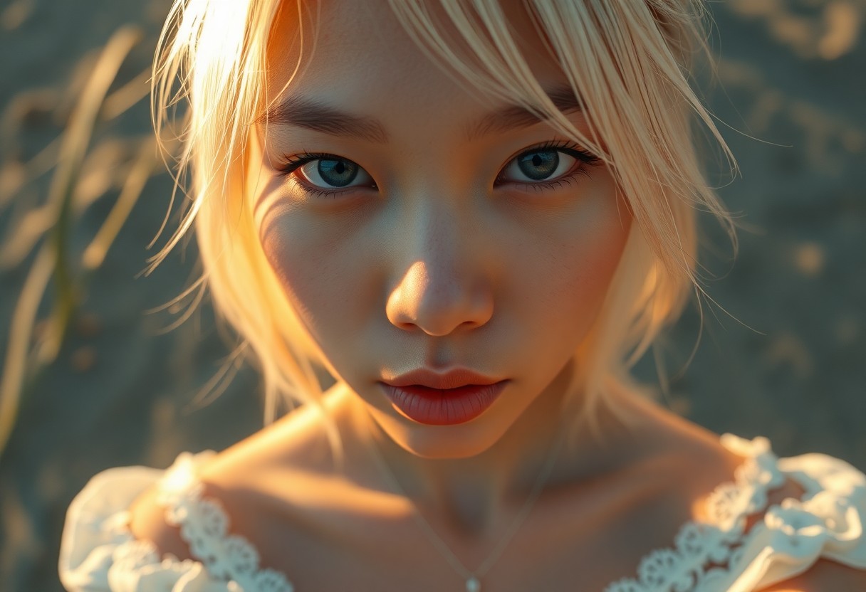 AI generated art for prompt: A captivating portrait of a young Micronesian woman, captured from a unique 'bug's-eye view' perspec