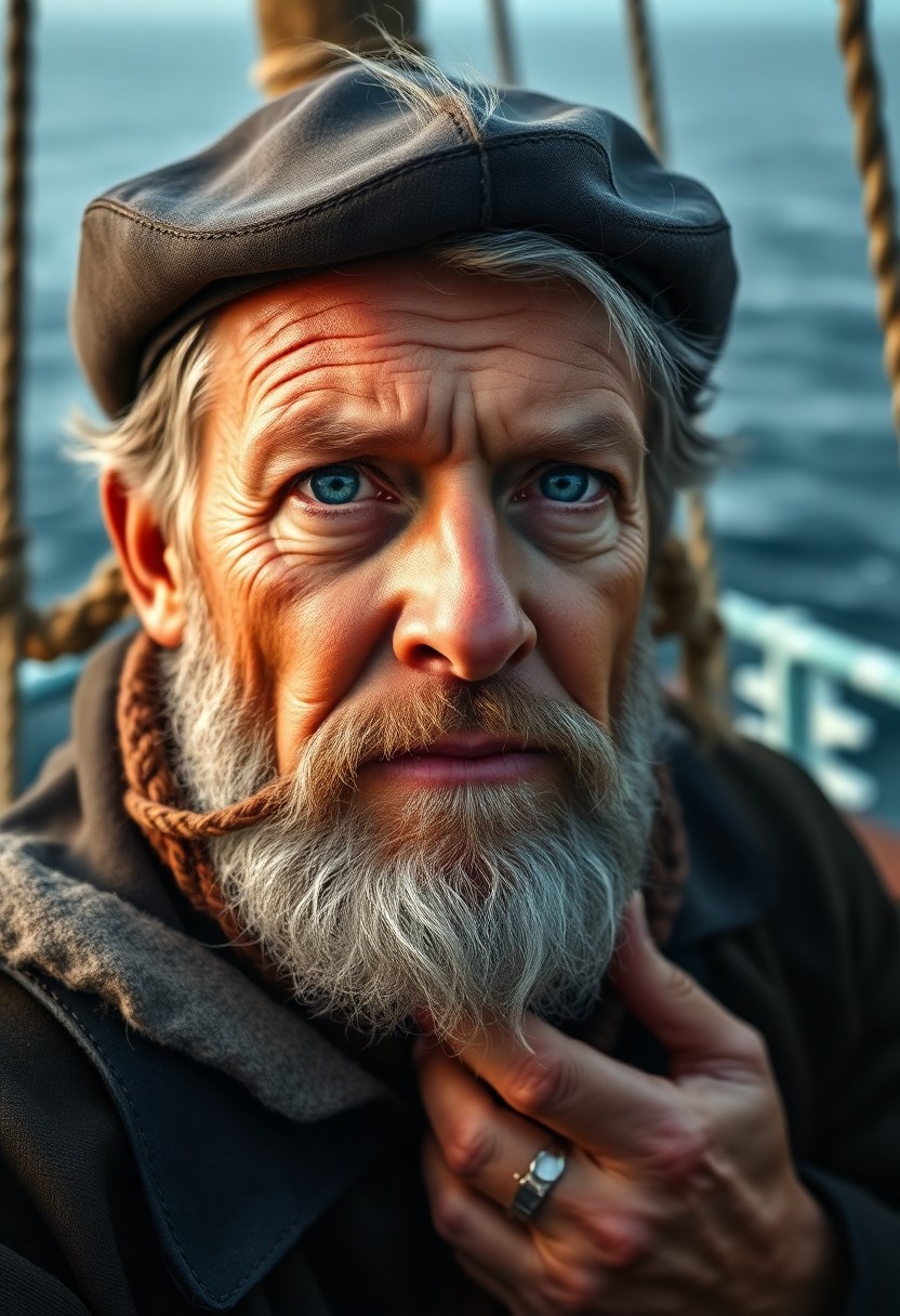 AI generated art for prompt: A photorealistic portrait of a historic sea captain with tranquil blue eyes and a weathered complexi