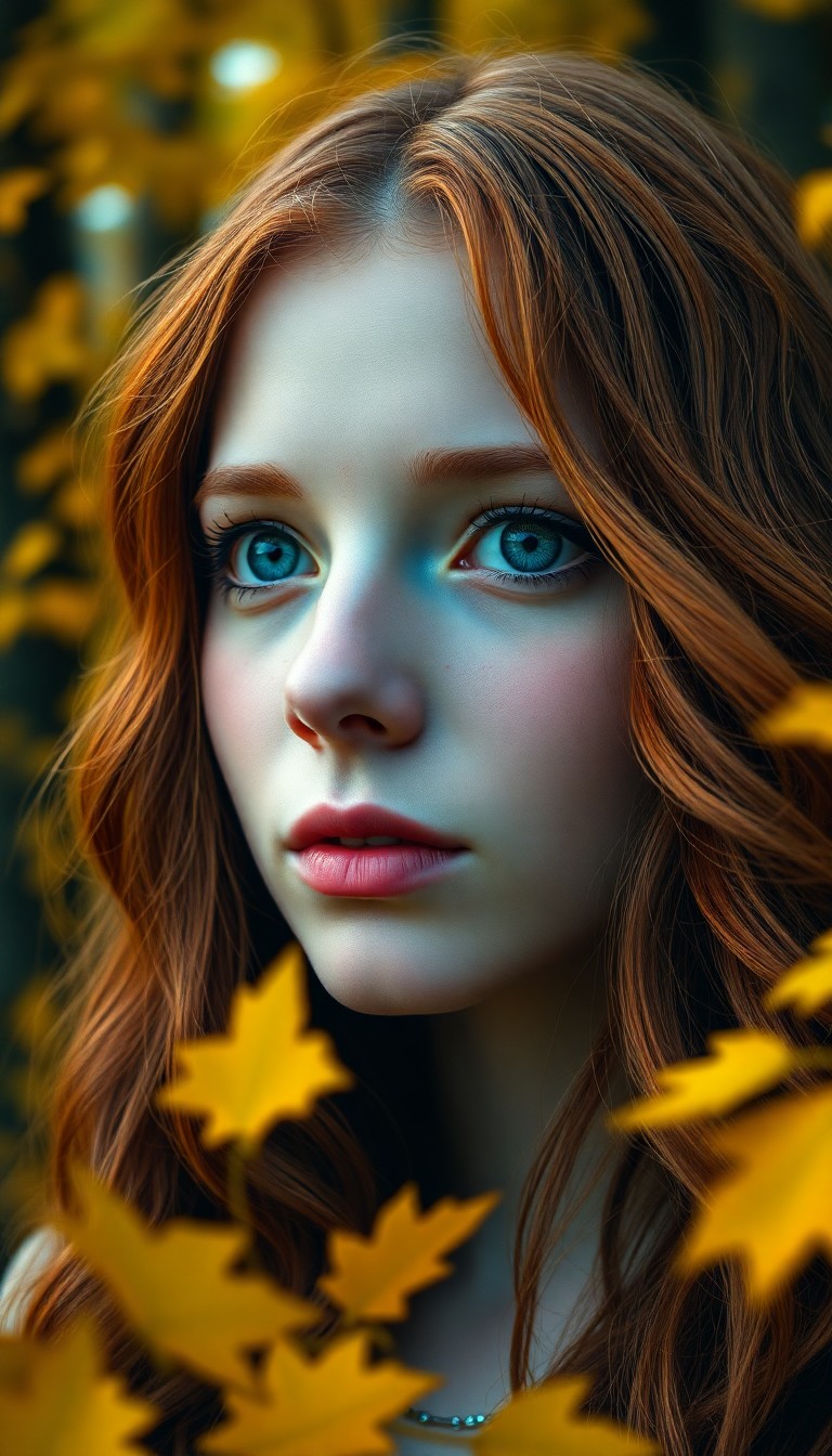 AI generated art for prompt: A close-up portrait of a young Celtic woman with captivating blue-green eyes and a cascade of loose,