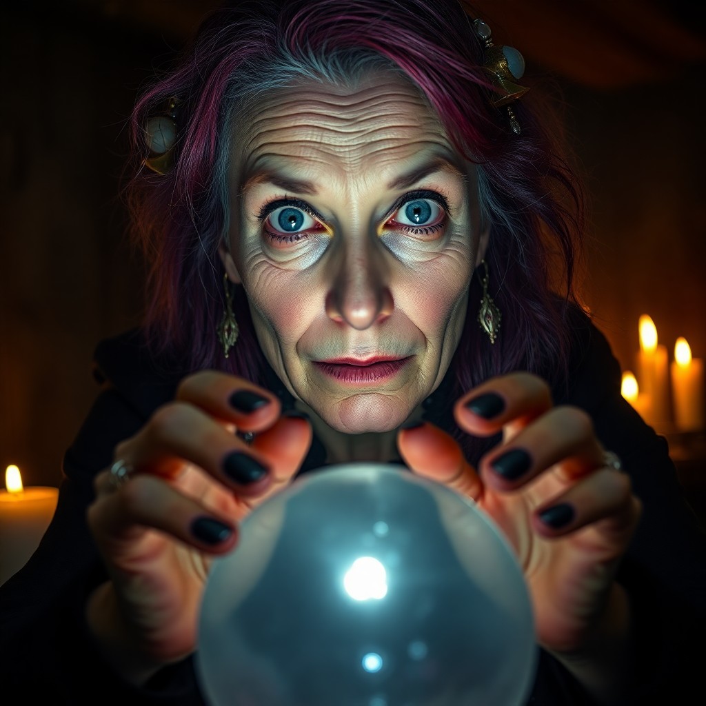 AI generated art for prompt: A portrait photo captures an enigmatic fortune teller in her dimly lit cabin, illuminated by the fli