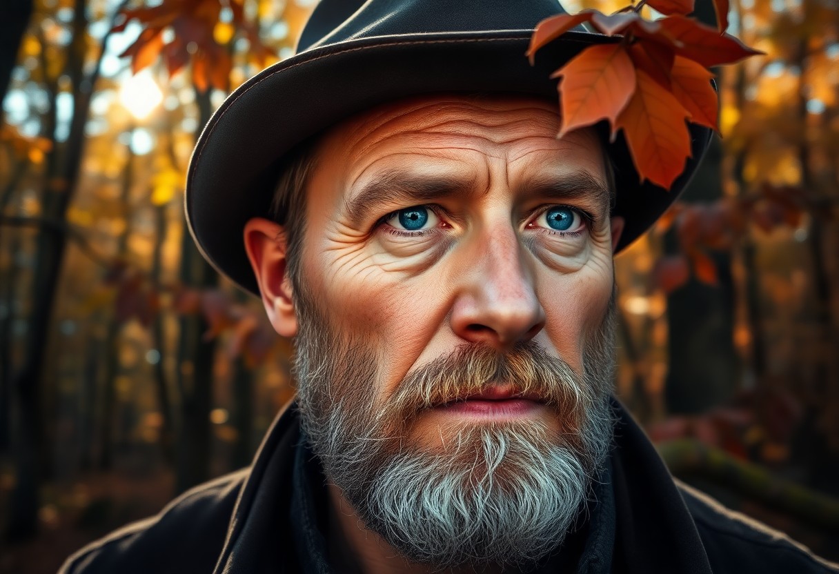 AI generated art for prompt: A striking photorealistic portrait captures a ruggedly handsome Slavic man with shy blue eyes, a wel