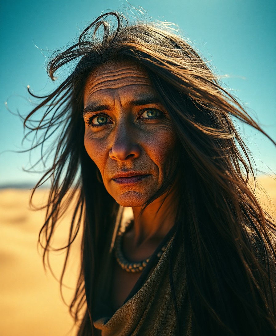 AI generated art for prompt: Envision an ultrarealistic portrait of an aged yet determined Amazonian nomad woman, her face weathe