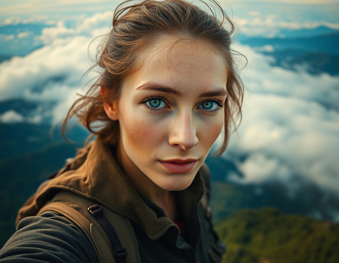 AI generated art for prompt: A captivating portrait emerges of a resilient traveler with sun-kissed skin and tranquil, green eyes