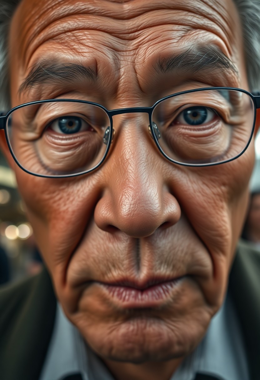 AI generated art for prompt: A hyperrealistic portrait of an elderly East Asian man with distant blue eyes, set against a canvas 