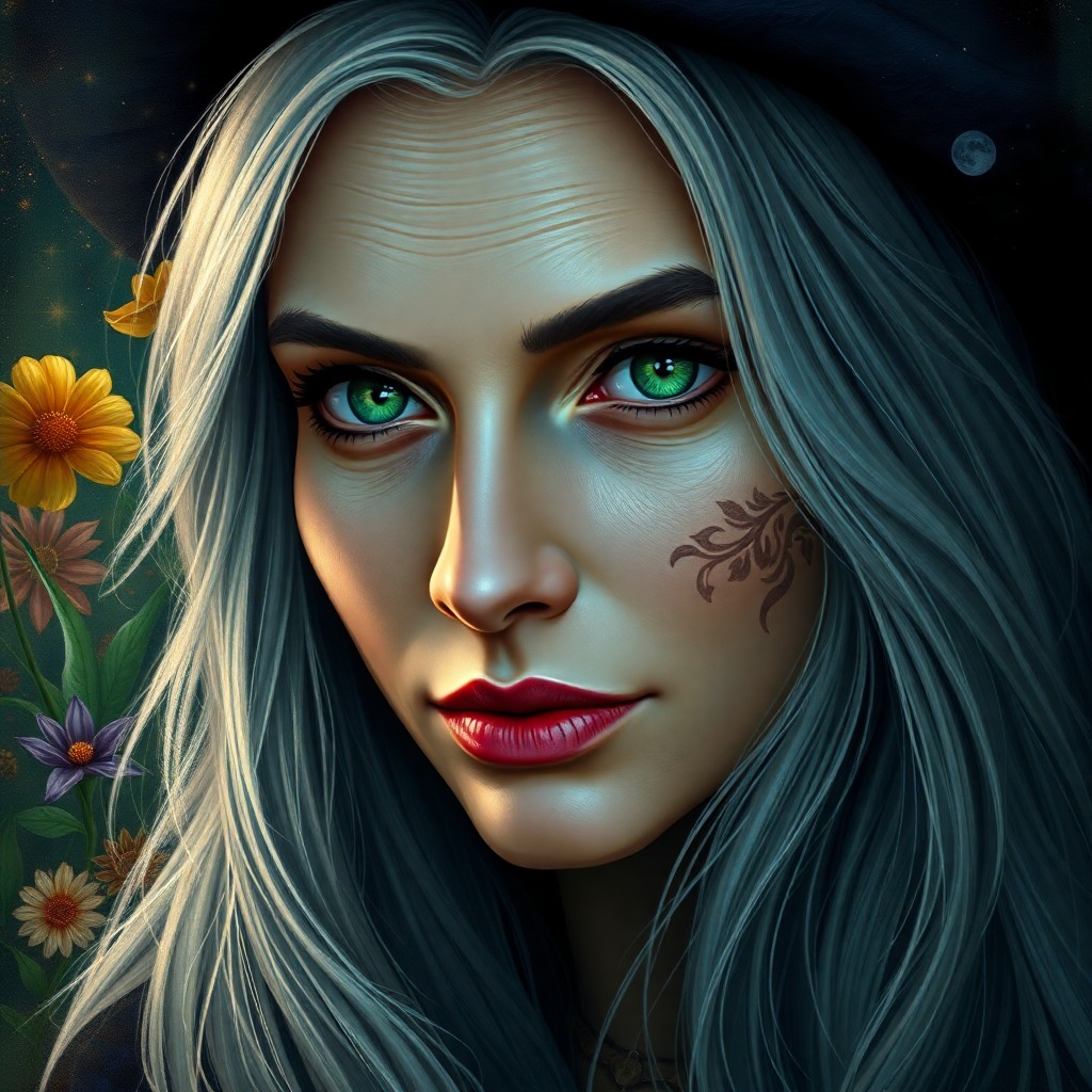 AI generated art for prompt: A highly realistic portrait of a fantastical realm's enigmatic witch captivates with her emerald eye