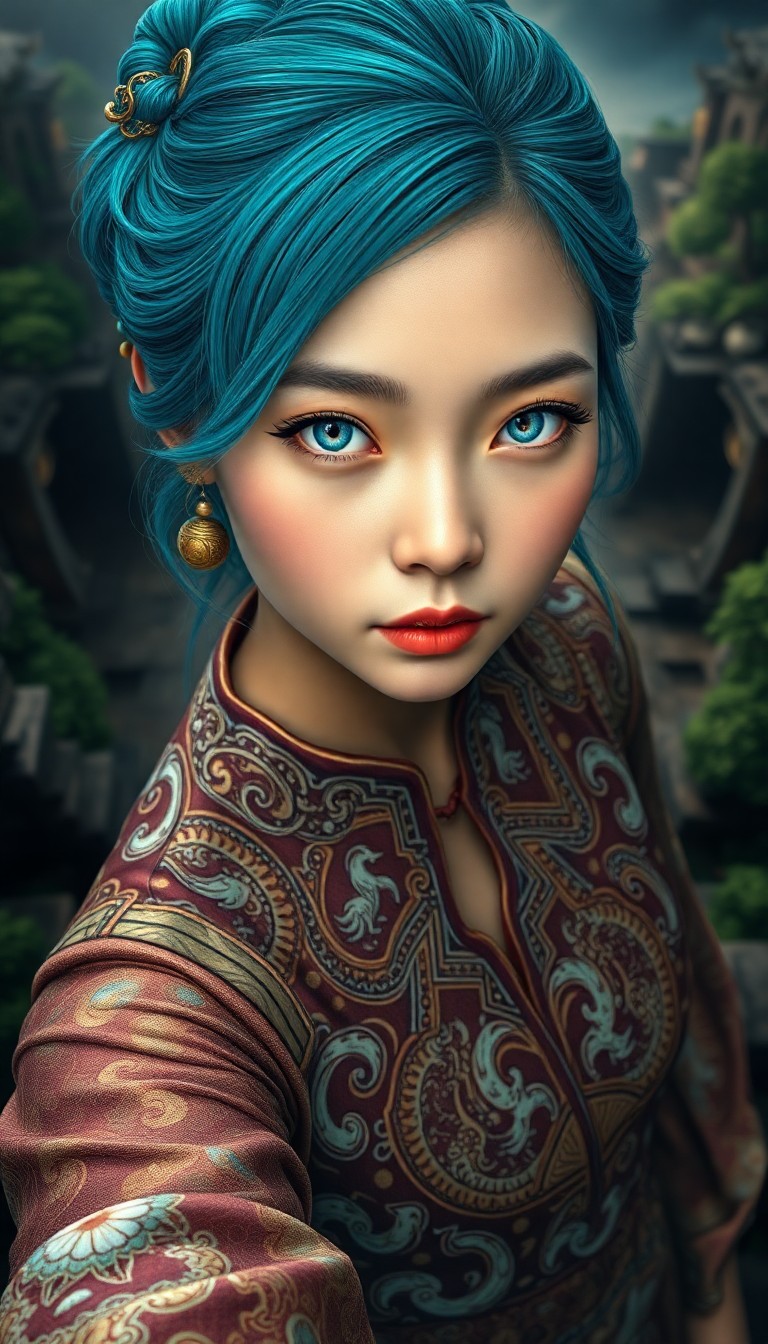 AI generated art for prompt: A captivating photorealistic portrait of a young East Asian woman with vibrant turquoise hair and me