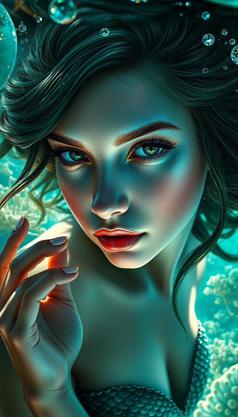 AI generated art for prompt: A captivating portrait emerges from the depths, depicting an enchanting mermaid with mesmerizing iri