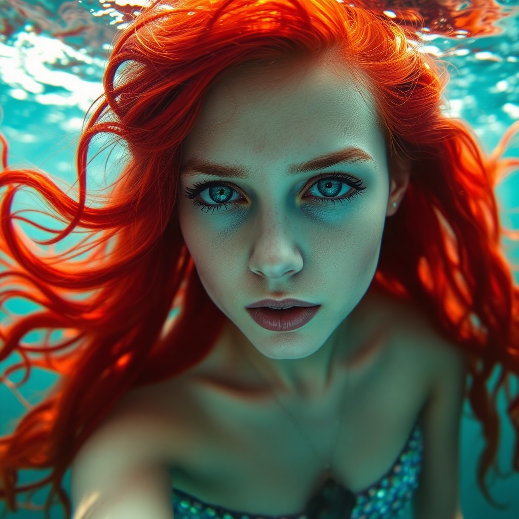 AI generated art for prompt: Imagine a portrait photograph taken from an underwater perspective, capturing a mesmerizing mermaid 