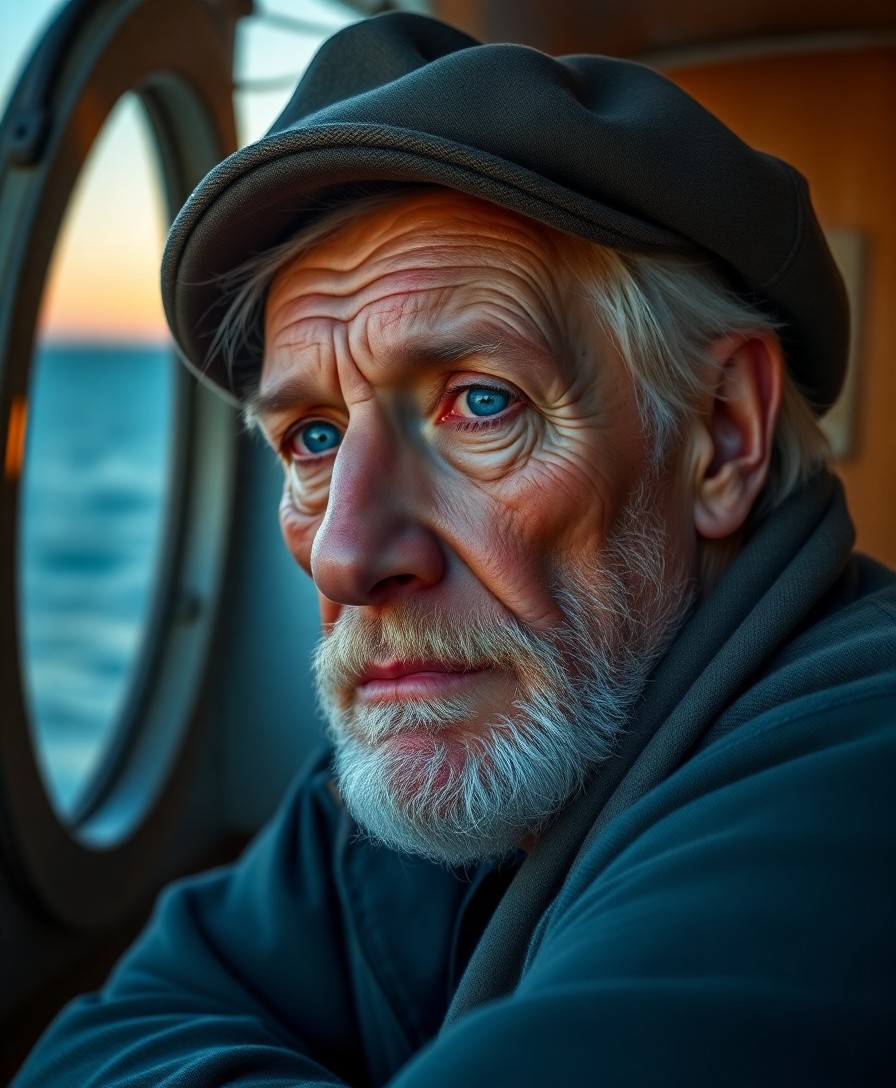 AI generated art for prompt: A highly detailed, hyperrealistic portrait of an elderly sea captain with a grizzled face, lined fro