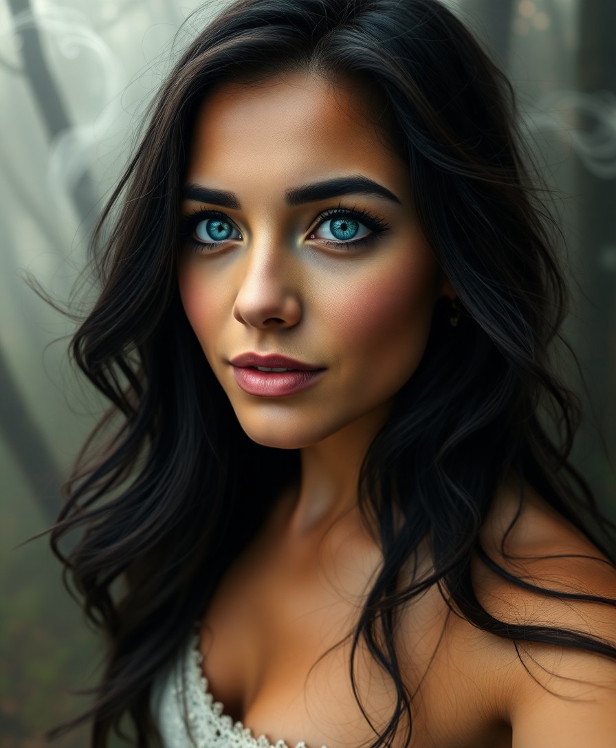 AI generated art for prompt: Create a hyperrealistic portrait of a Latin American woman with captivating blue eyes and flowing da