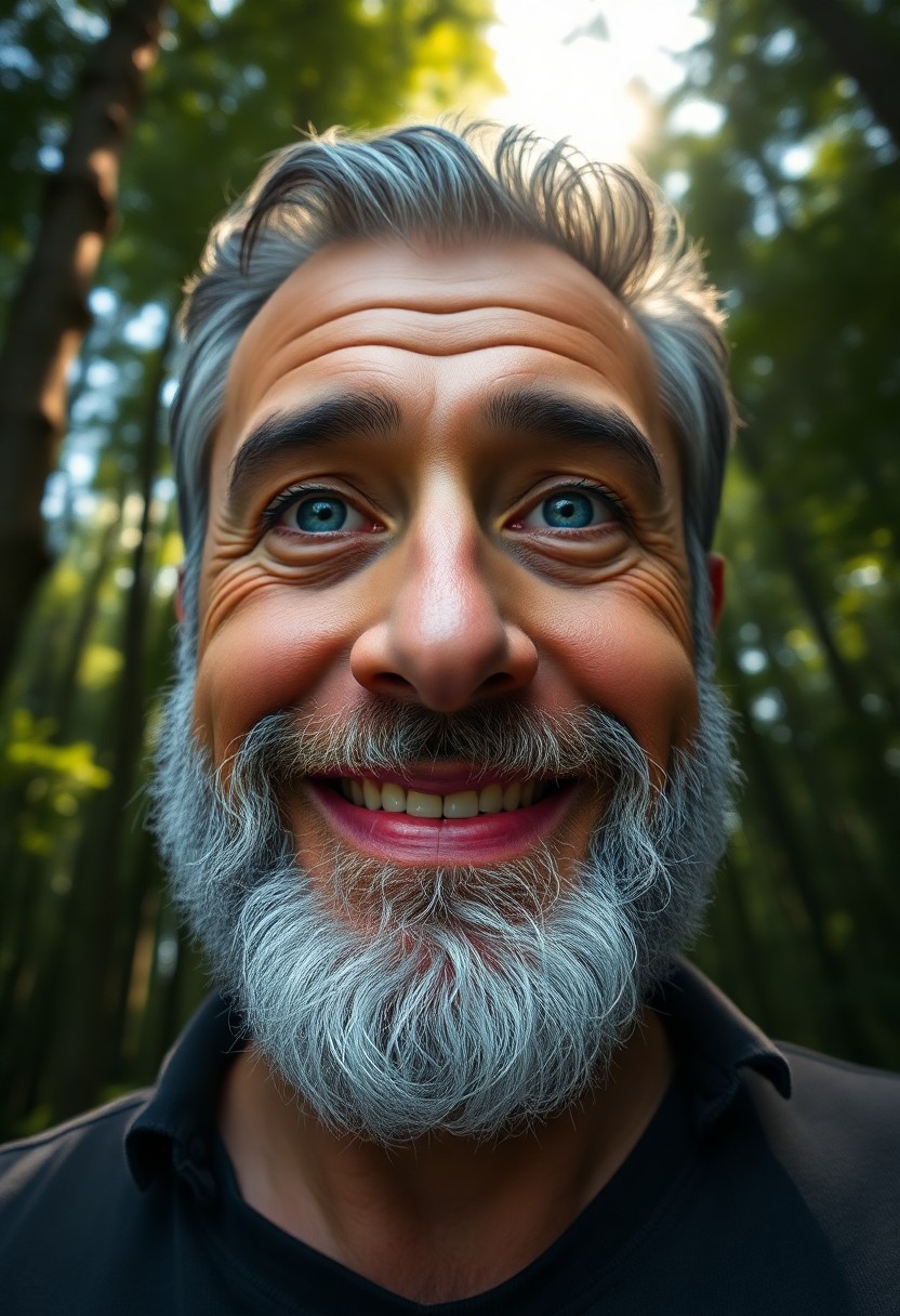 AI generated art for prompt: Create a hyperrealistic portrait of a charismatic middle-aged Hispanic man with clouded blue eyes, t