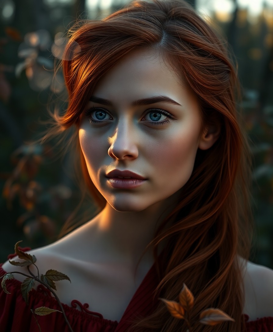 AI generated art for prompt: Create a photorealistic portrait of a young Hispanic woman with tender blue eyes and fiery red hair 