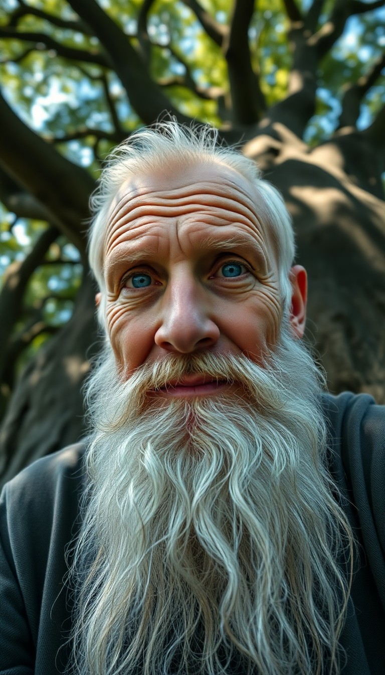 AI generated art for prompt: A portrait photograph captures the essence of an aged Celtic man with kind blue eyes and a full whit