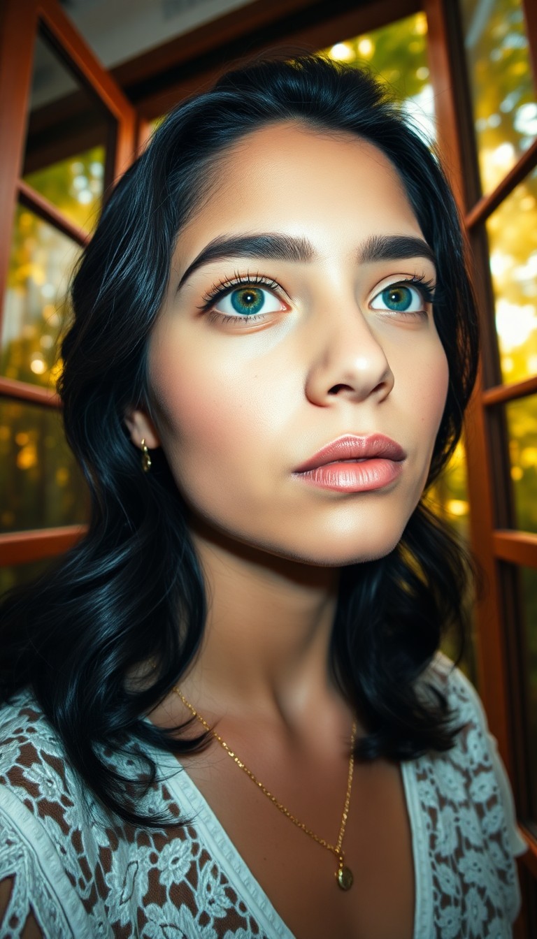 AI generated art for prompt: In this captivating portrait, a young Latin American woman with piercing emerald eyes and raven-blac