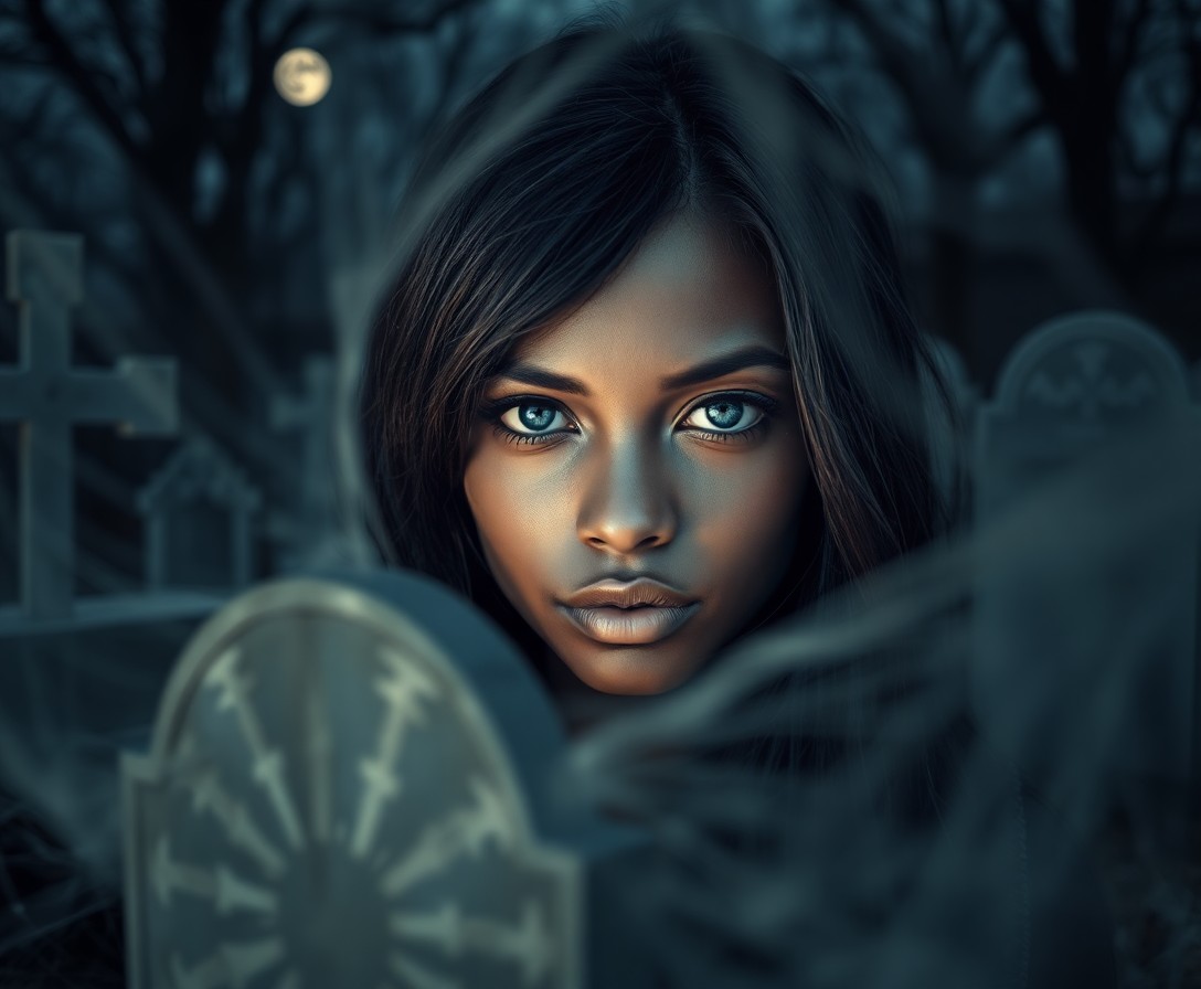 AI generated art for prompt: A haunting portrait of a young African woman with melancholic blue eyes and raven-black hair cascadi