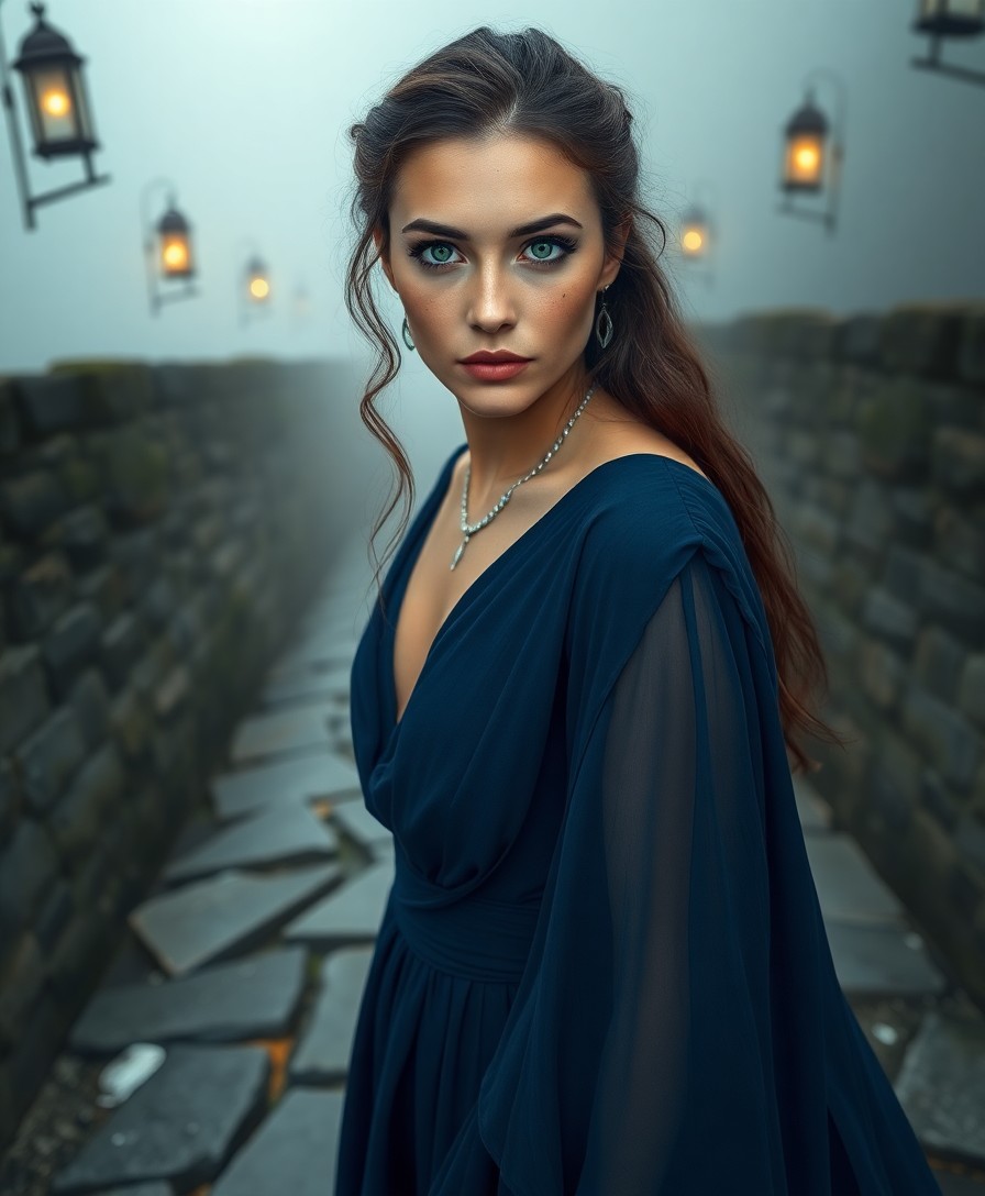 AI generated art for prompt: The portrait captures the essence of an enigmatic Mediterranean woman with captivating emerald eyes.