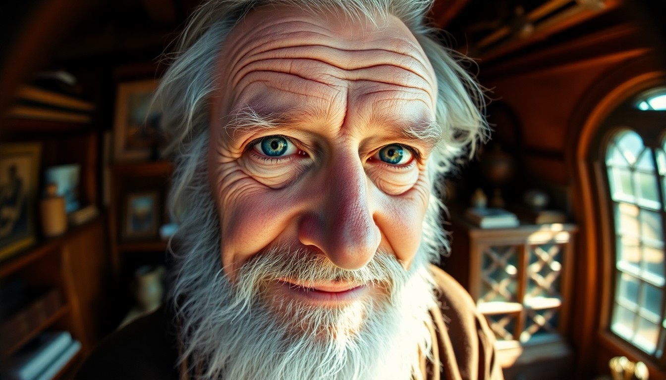 AI generated art for prompt: A portrait photograph captures an elderly Celtic man with a wise expression, furrowed skin, and tran