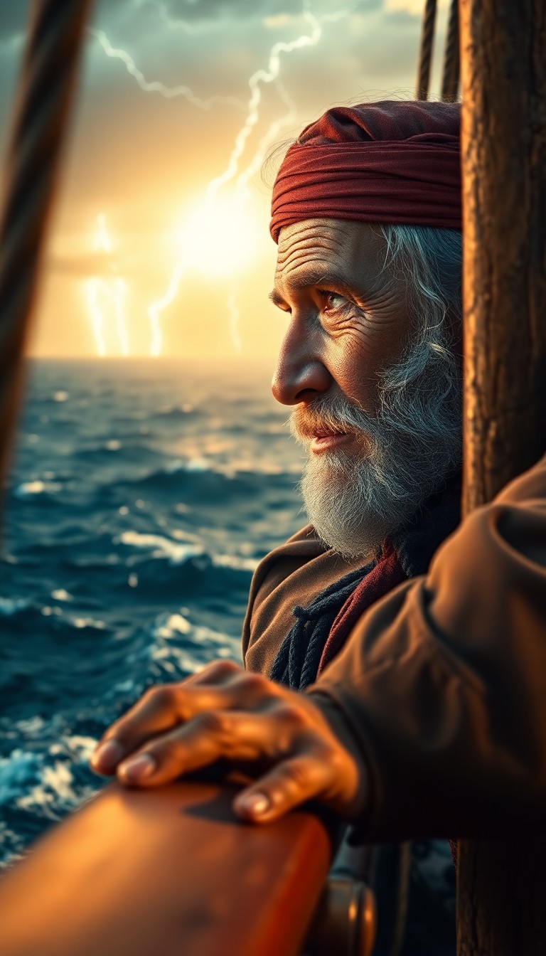 AI generated art for prompt: Imagine a compelling portrait photograph of an experienced pirate captain. His weathered, gnarled fa